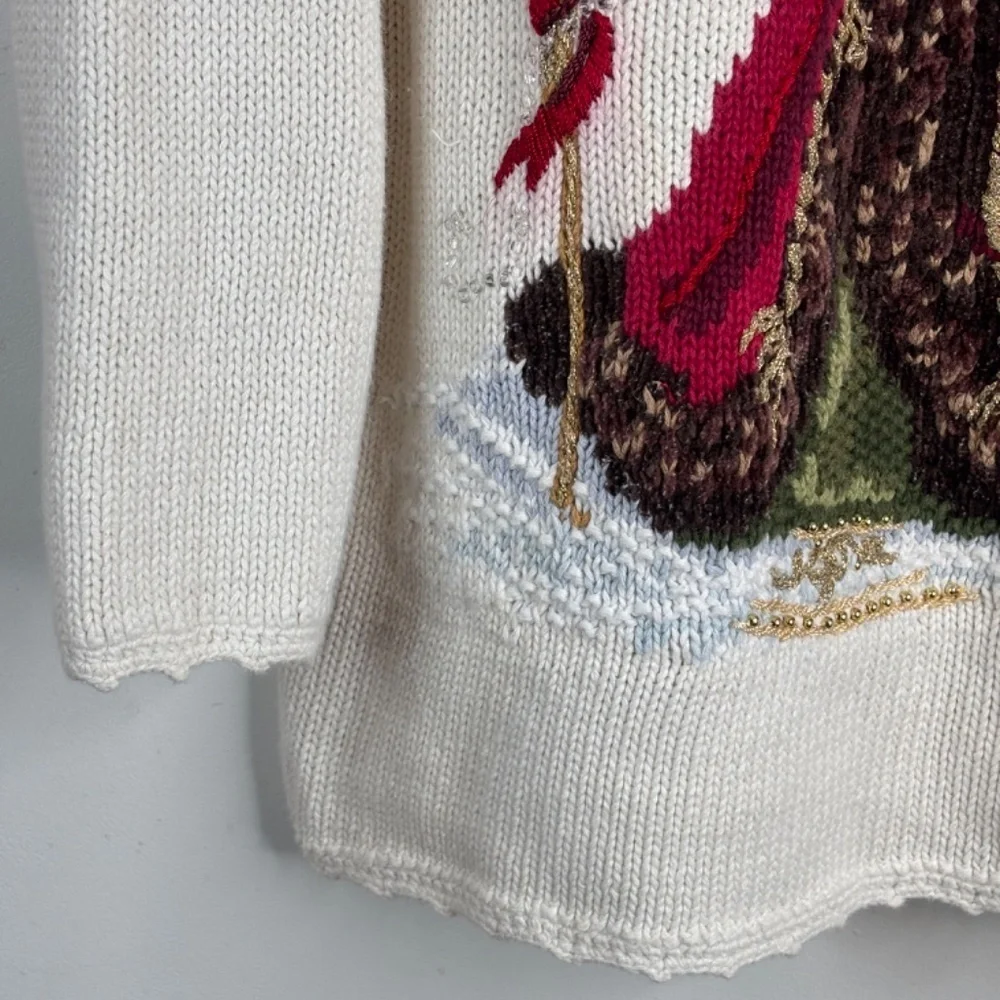 VTG 90s Tiara Christmas Sweater L Embroidered Cream Knit Granny Cottage Santa